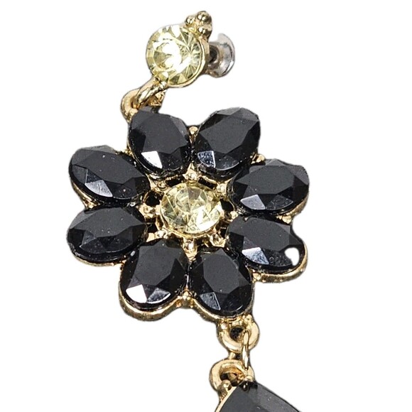 Vintage Style Black Crystal Flower Dangle Drop Earrings Gold Tone Yellow Accents - Picture 2 of 6
